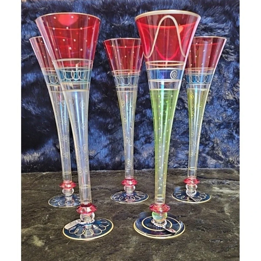 Vintage Pier 1 5-Glass Champagne Flutes Hand Painted & Blown 3-rings 8Pc. 11.5